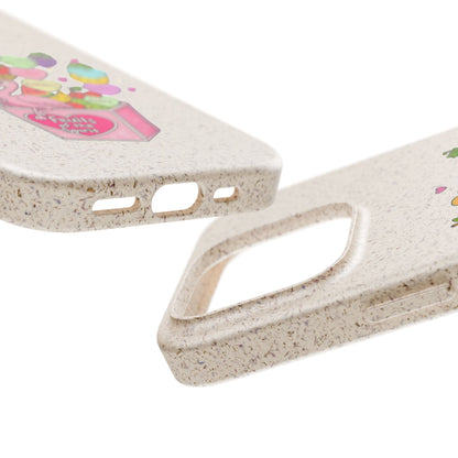 Biodegradable Phone Case — Cute Flamingo & Fruit Hearts "Fruity Love" Eco-Friendly iPhone Cover