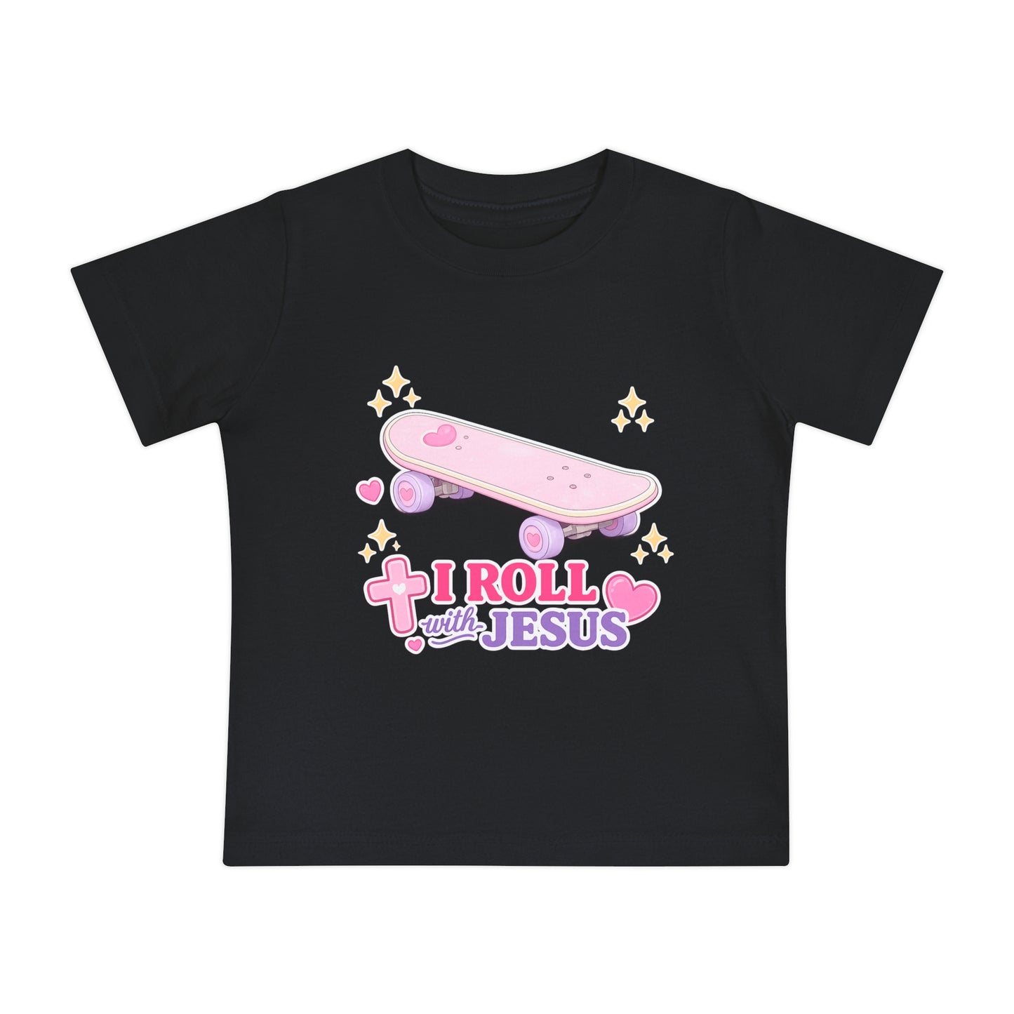 Baby T-Shirt - "I Roll with Jesus" Pink Skateboard Christian Infant Tee