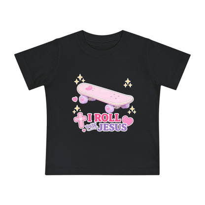 Baby T-Shirt - "I Roll with Jesus" Pink Skateboard Christian Infant Tee