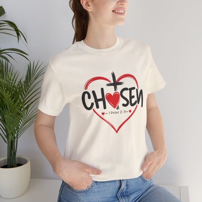 Chosen Heart Christian T-Shirt — "Chosen" with Cross & 1 Peter 2:9 Faith Tee