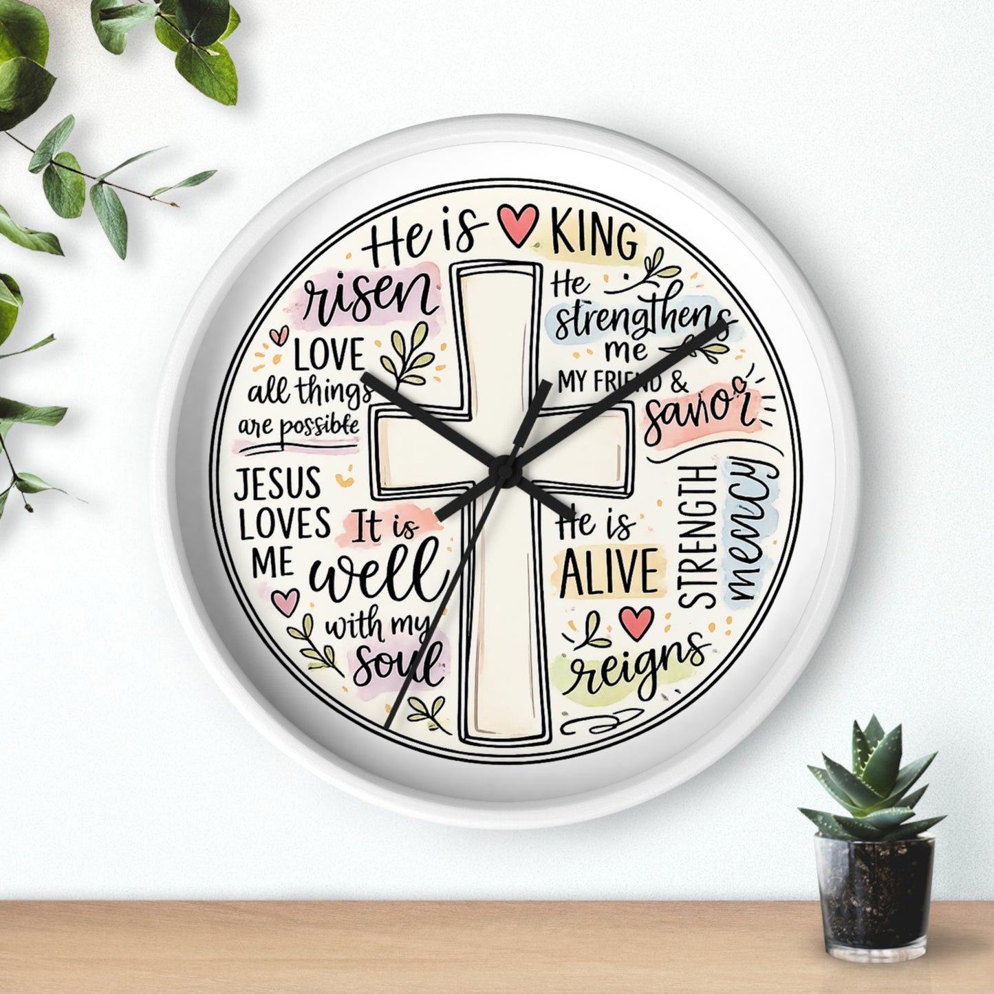 Christian Cross Wall Clock — Inspirational Scripture Quote Home Decor (He is Risen • It Is Well • Jesus Loves Me)