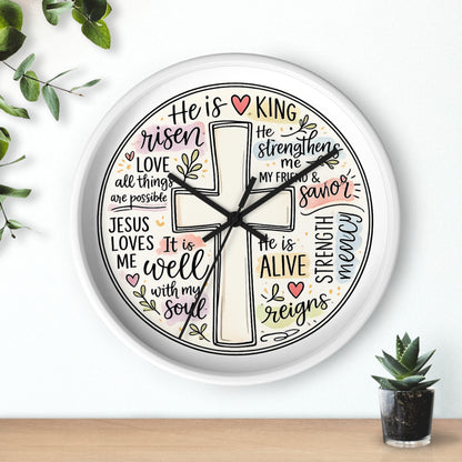Christian Cross Wall Clock — Inspirational Scripture Quote Home Decor (He is Risen • It Is Well • Jesus Loves Me)