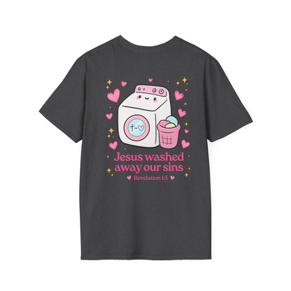Christian T-Shirt – “Jesus Washed Away Our Sins” Cute Washing Machine Design
