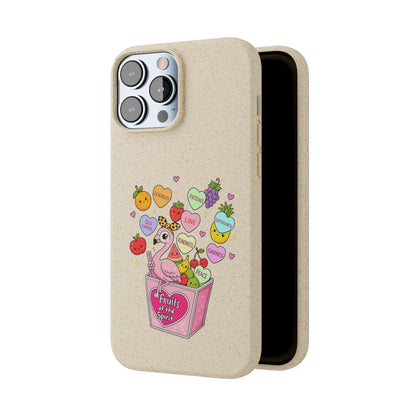 Biodegradable Phone Case — Cute Flamingo & Fruit Hearts "Fruity Love" Eco-Friendly iPhone Cover