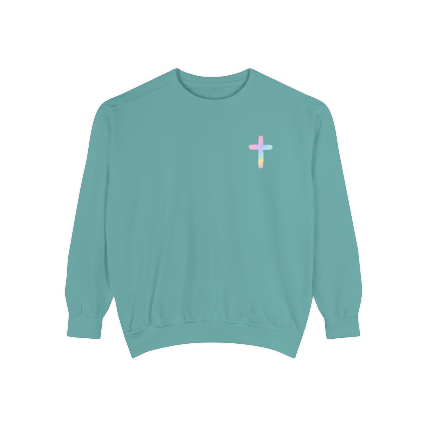 Christian Cross Sweatshirt — Pink Faith Message Garment-Dyed Crewneck
