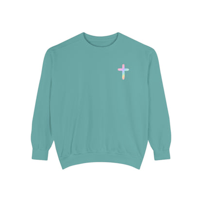 Christian Cross Sweatshirt — Pink Faith Message Garment-Dyed Crewneck