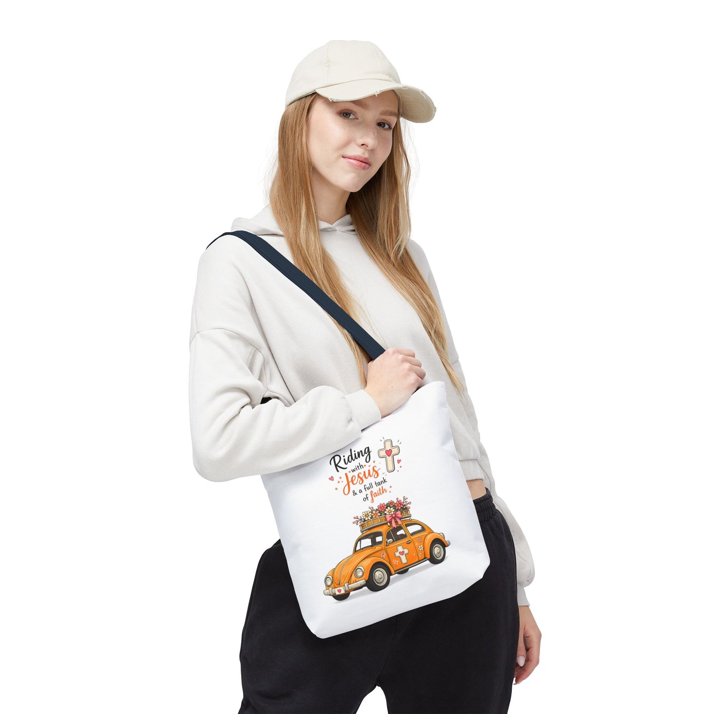 Christian Tote Bag — “Riding with Jesus” Floral Beetle Illustration