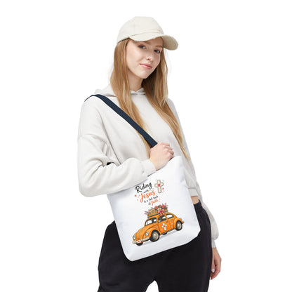 Christian Tote Bag — “Riding with Jesus” Floral Beetle Illustration