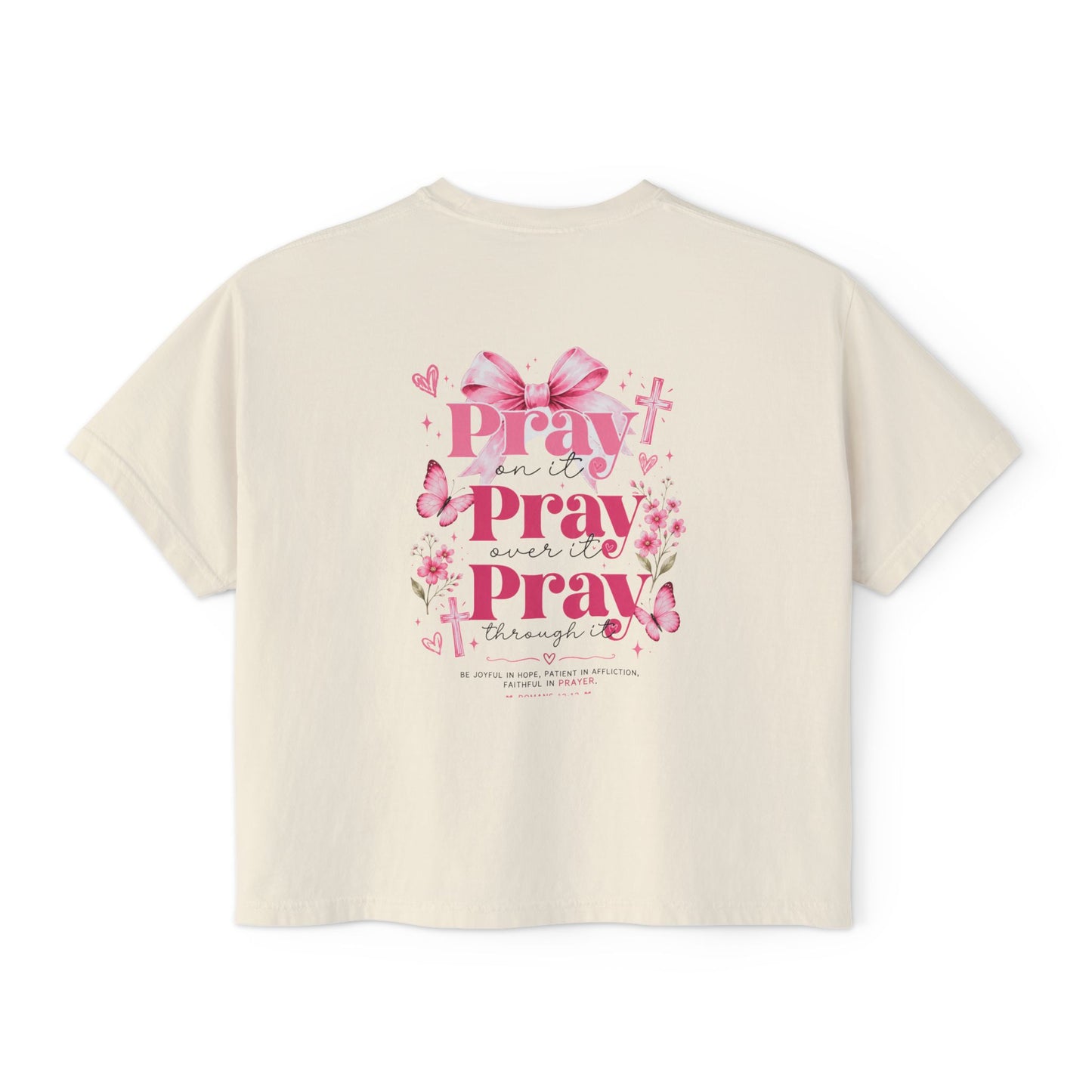 Women's Boxy Tee — Pink Floral Cross "Pray" Christian Graphic Shirt