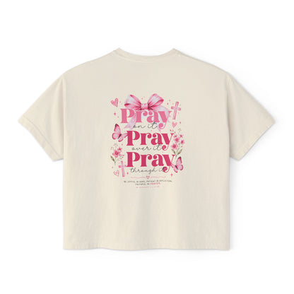 Women's Boxy Tee — Pink Floral Cross "Pray" Christian Graphic Shirt