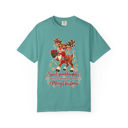 Christmas Reindeer T-Shirt — "Sweet Granddaughter You're an Answered Prayer" Holiday Tee