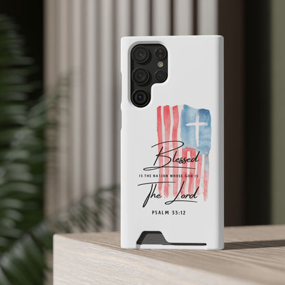 Christian Phone Case with Card Holder — "Blessed The Lord" Psalm 33:12 Patriotic Cross Design