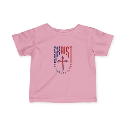 Infant Tee — "Christ Is Lord" Red & Blue Cross Baby Shirt