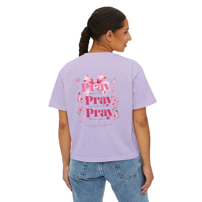 Women's Boxy Tee — Pink Floral Cross "Pray" Christian Graphic Shirt