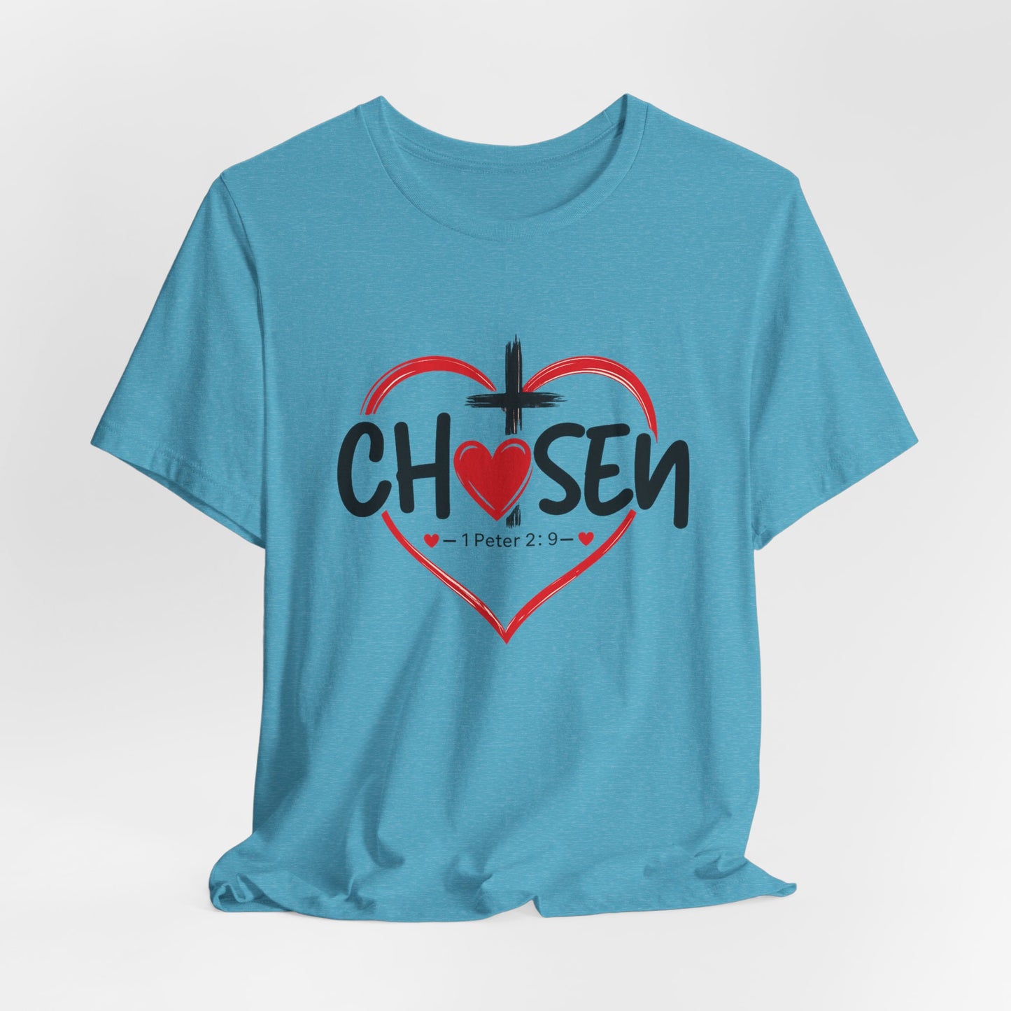 Chosen Heart Christian T-Shirt — "Chosen" with Cross & 1 Peter 2:9 Faith Tee