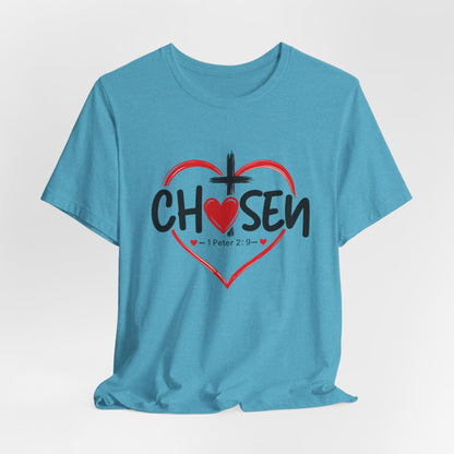 Chosen Heart Christian T-Shirt — "Chosen" with Cross & 1 Peter 2:9 Faith Tee