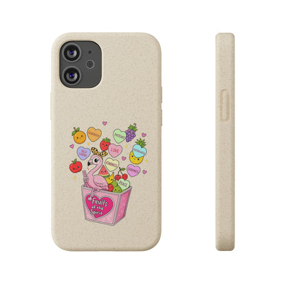 Biodegradable Phone Case — Cute Flamingo & Fruit Hearts "Fruity Love" Eco-Friendly iPhone Cover
