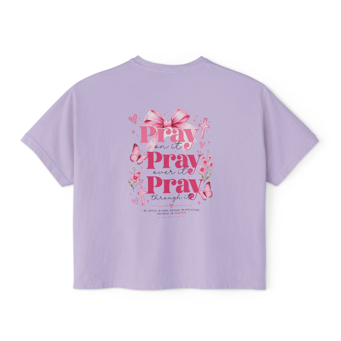 Women's Boxy Tee — Pink Floral Cross "Pray" Christian Graphic Shirt