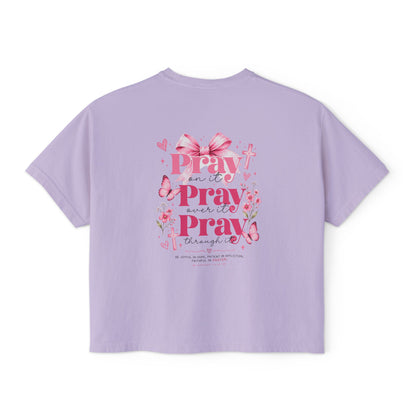 Women's Boxy Tee — Pink Floral Cross "Pray" Christian Graphic Shirt