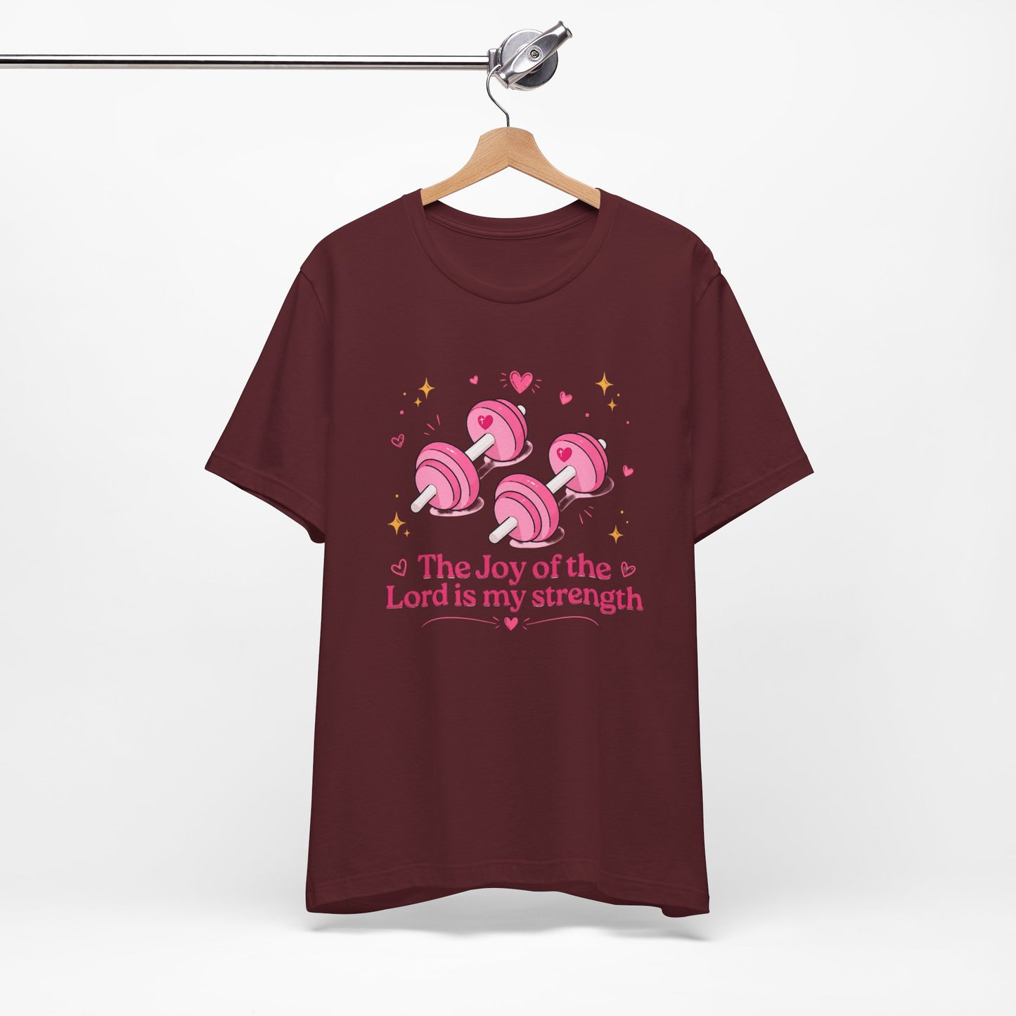 Christian Fitness T-Shirt — “The Joy of the Lord is My Strength” Pink Dumbbells Tee