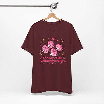 Christian Fitness T-Shirt — “The Joy of the Lord is My Strength” Pink Dumbbells Tee