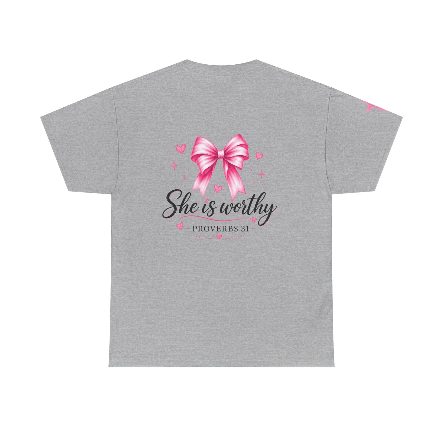 She Is Worthy T-Shirt — "I Know Jesus Loves Me" Pink Bow Christian Tee (Proverbs 31)