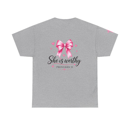 She Is Worthy T-Shirt — "I Know Jesus Loves Me" Pink Bow Christian Tee (Proverbs 31)