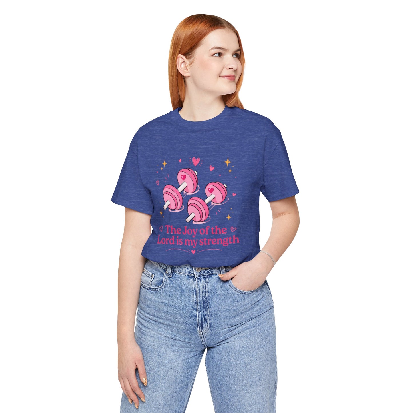 Christian Fitness T-Shirt — “The Joy of the Lord is My Strength” Pink Dumbbells Tee
