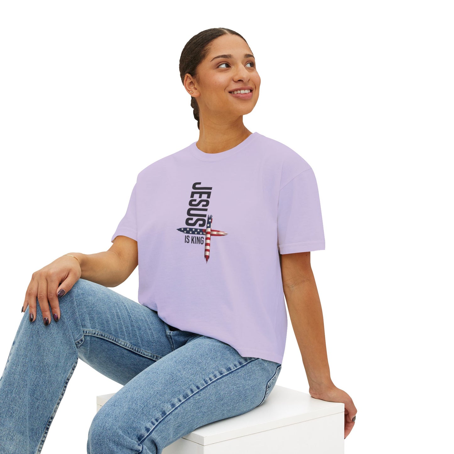 Jesus Is King American Flag Cross Women's Boxy Tee