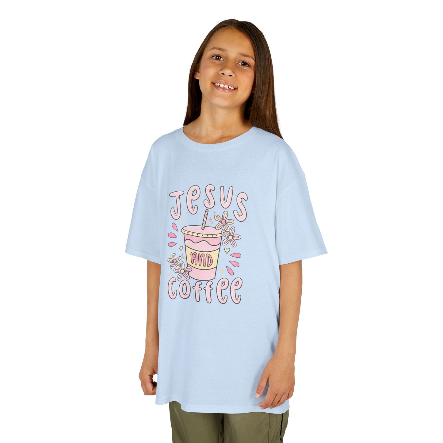 Kids Tee — “Jesus & Coffee” Cute Pastel Faith Graphic