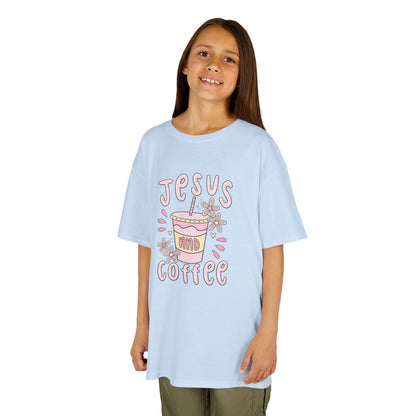Kids Tee — “Jesus & Coffee” Cute Pastel Faith Graphic