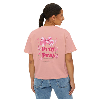 Women's Boxy Tee — Pink Floral Cross "Pray" Christian Graphic Shirt