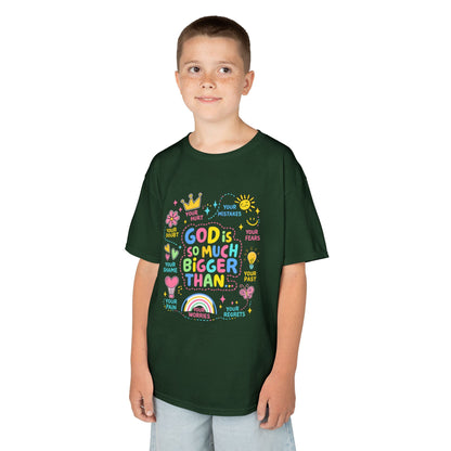 UNISEX Kids Tee — "God Is So Much Bigger Than" Colorful Faith Graphic