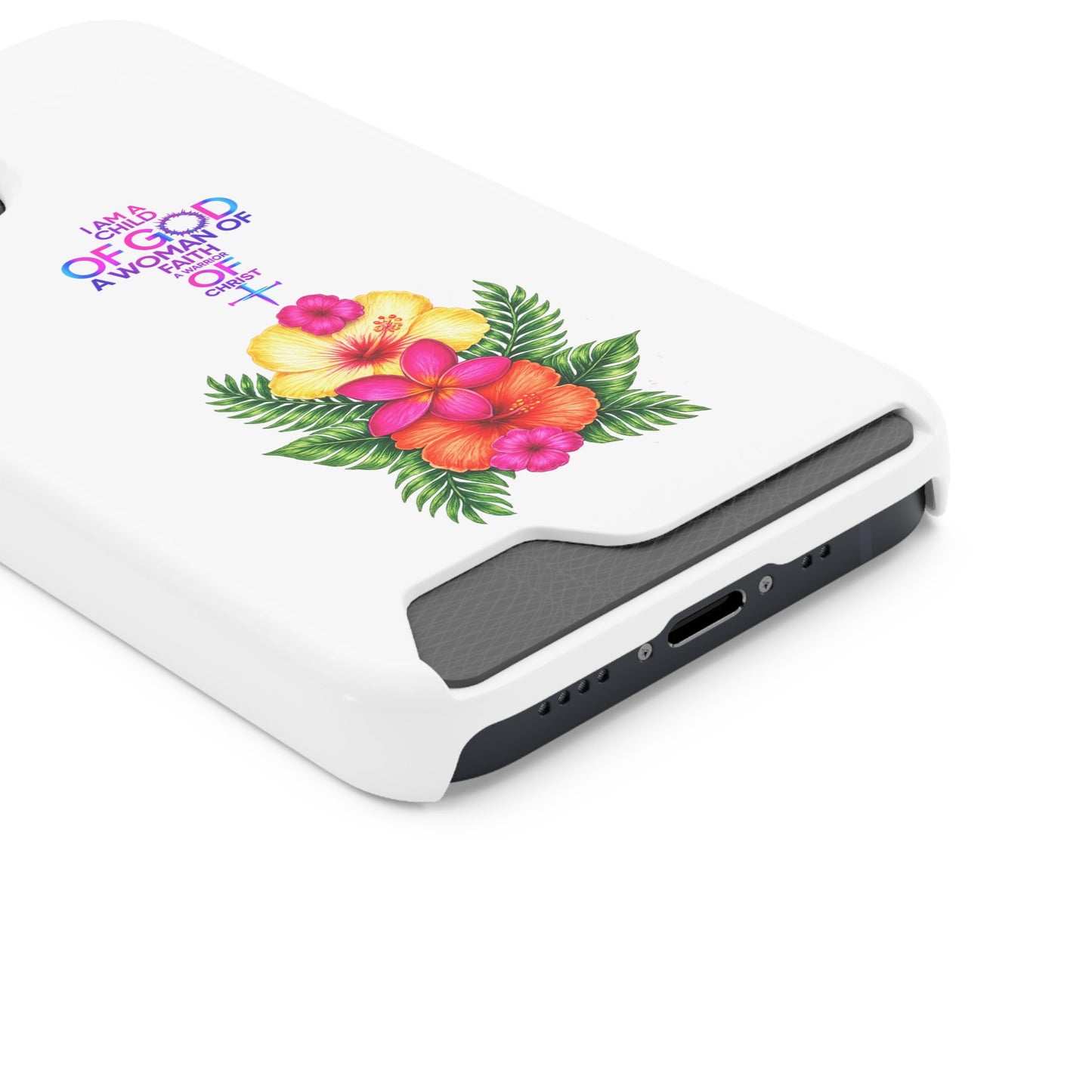 Phone Case with Card Holder — Floral Cross Design: "I Am a Child of God, A Woman of Faith"