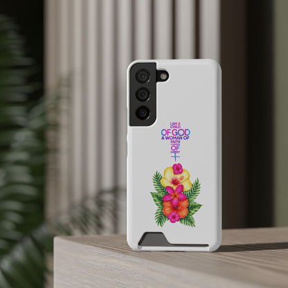 Phone Case with Card Holder — Floral Cross Design: "I Am a Child of God, A Woman of Faith"