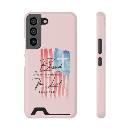Blessed by the Lord Pink Phone Card Case — Psalm 33:12 Patriotic Christian Phone Case with Card Holder