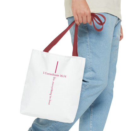 Christian Tote Bag — I Corinthians 16:14 'Do Everything in Love' Cross Design