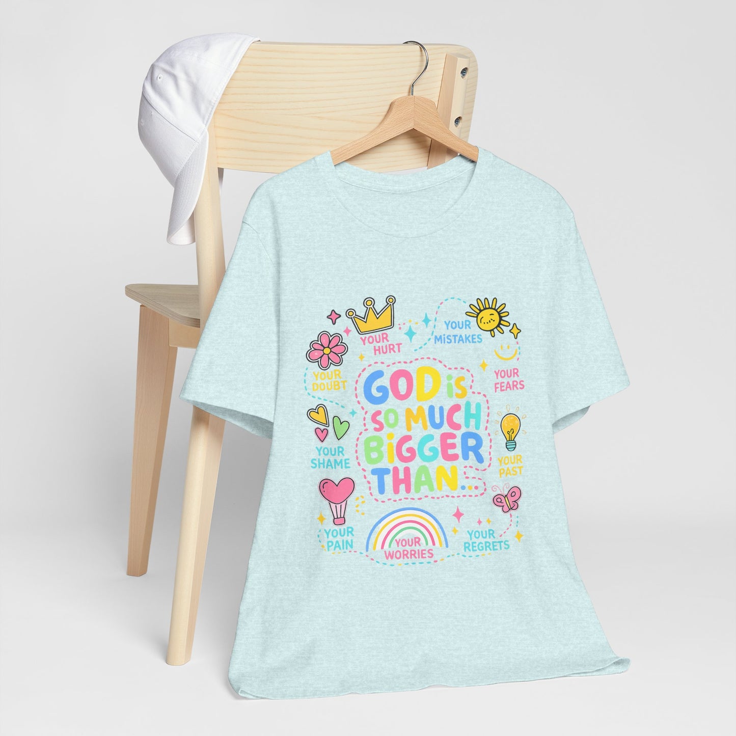 Christian T‑Shirt — "God Is So Much Bigger Than..." Pastel Faith Tee