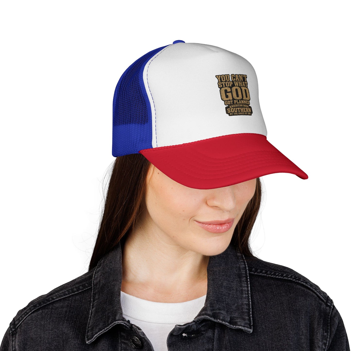 Southern Faith Trucker Cap — "You Can't Stop What God Got Planned" Mesh Hat