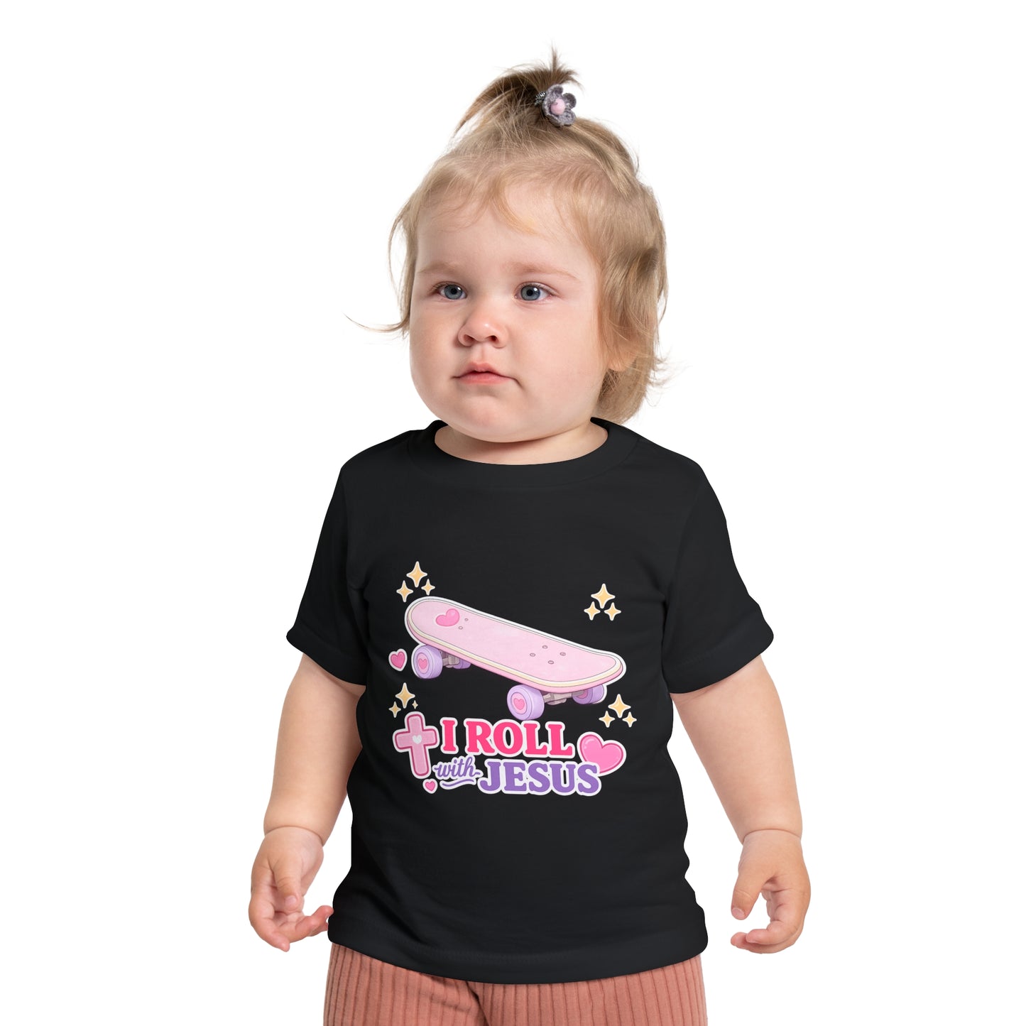 Baby T-Shirt - "I Roll with Jesus" Pink Skateboard Christian Infant Tee