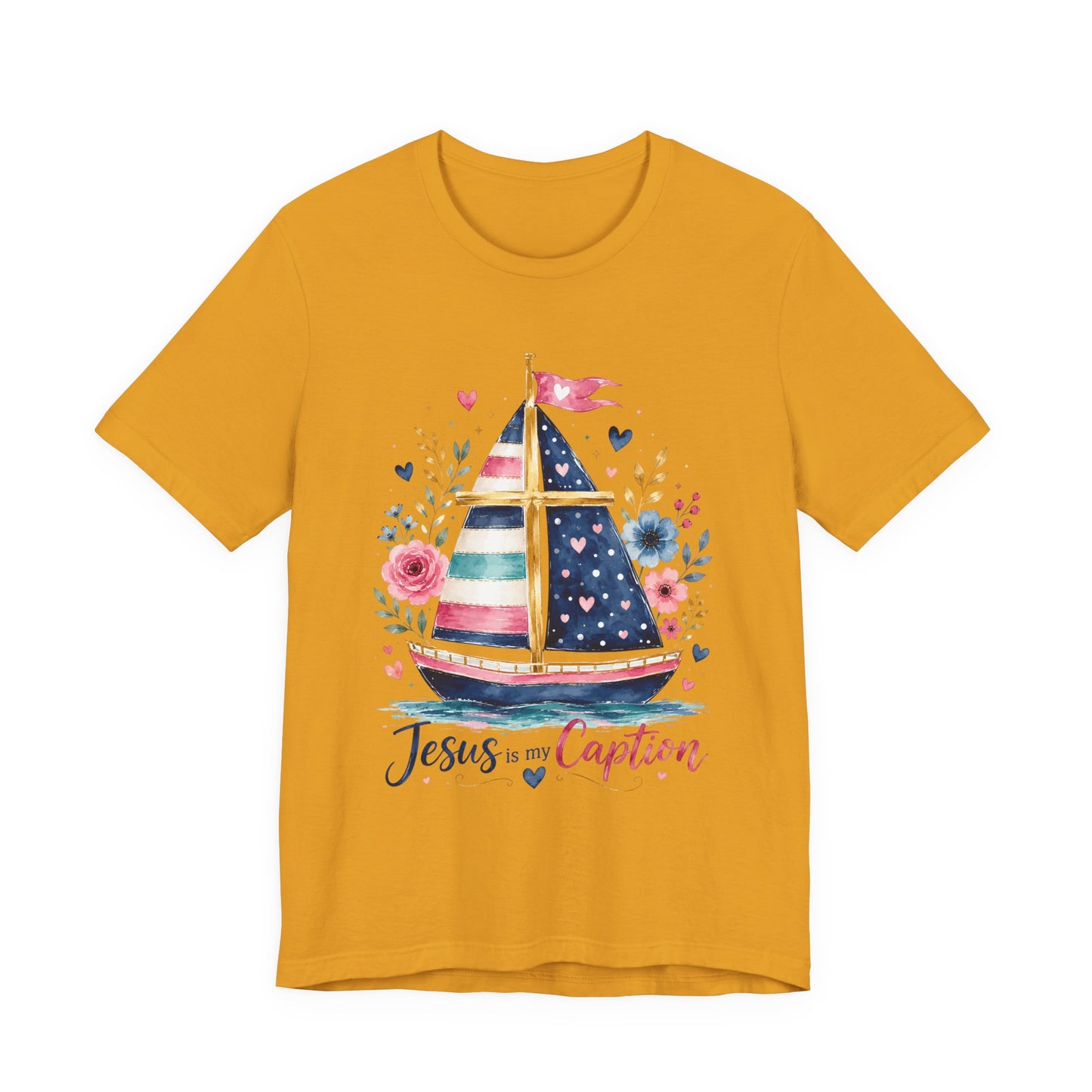 Jesus Is My Caption Sailboat T-Shirt — Floral Patriotic Christian Tee