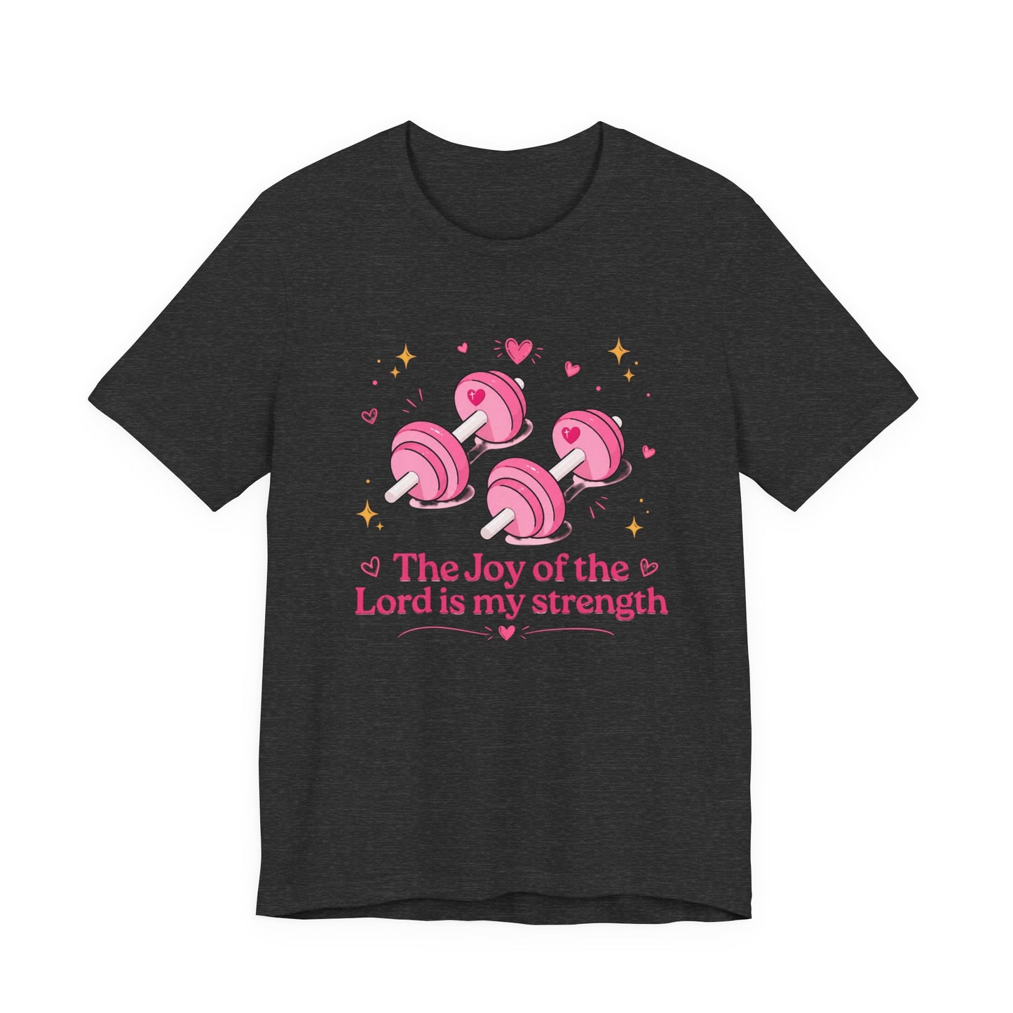 Christian Fitness T-Shirt — “The Joy of the Lord is My Strength” Pink Dumbbells Tee