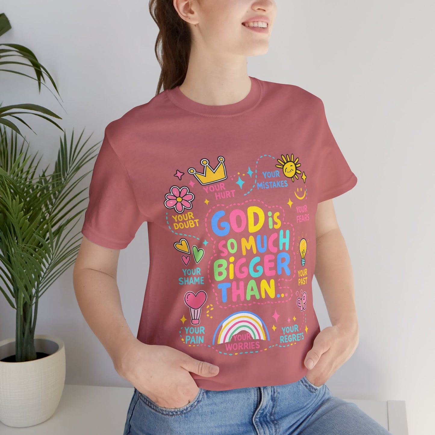 Christian T‑Shirt — "God Is So Much Bigger Than..." Pastel Faith Tee