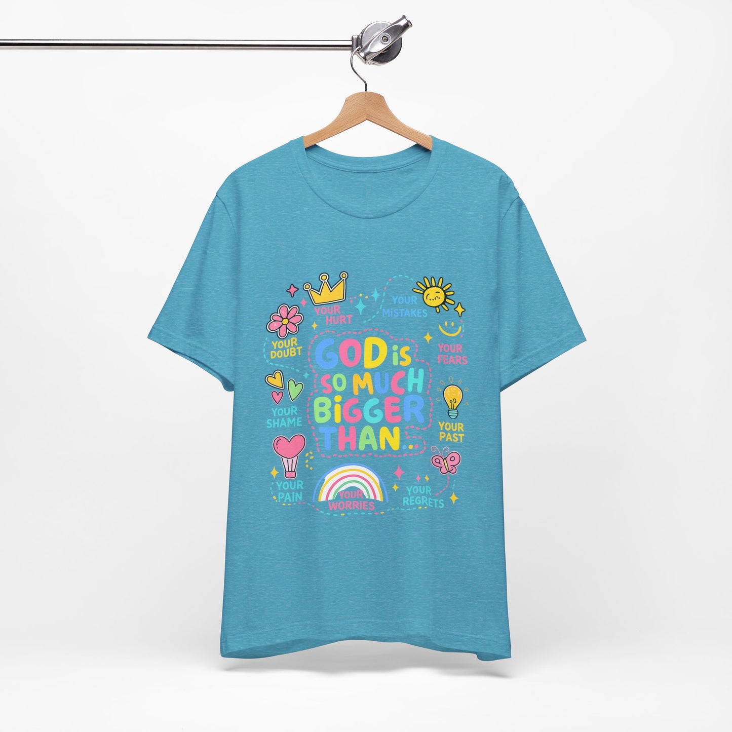Christian T‑Shirt — "God Is So Much Bigger Than..." Pastel Faith Tee