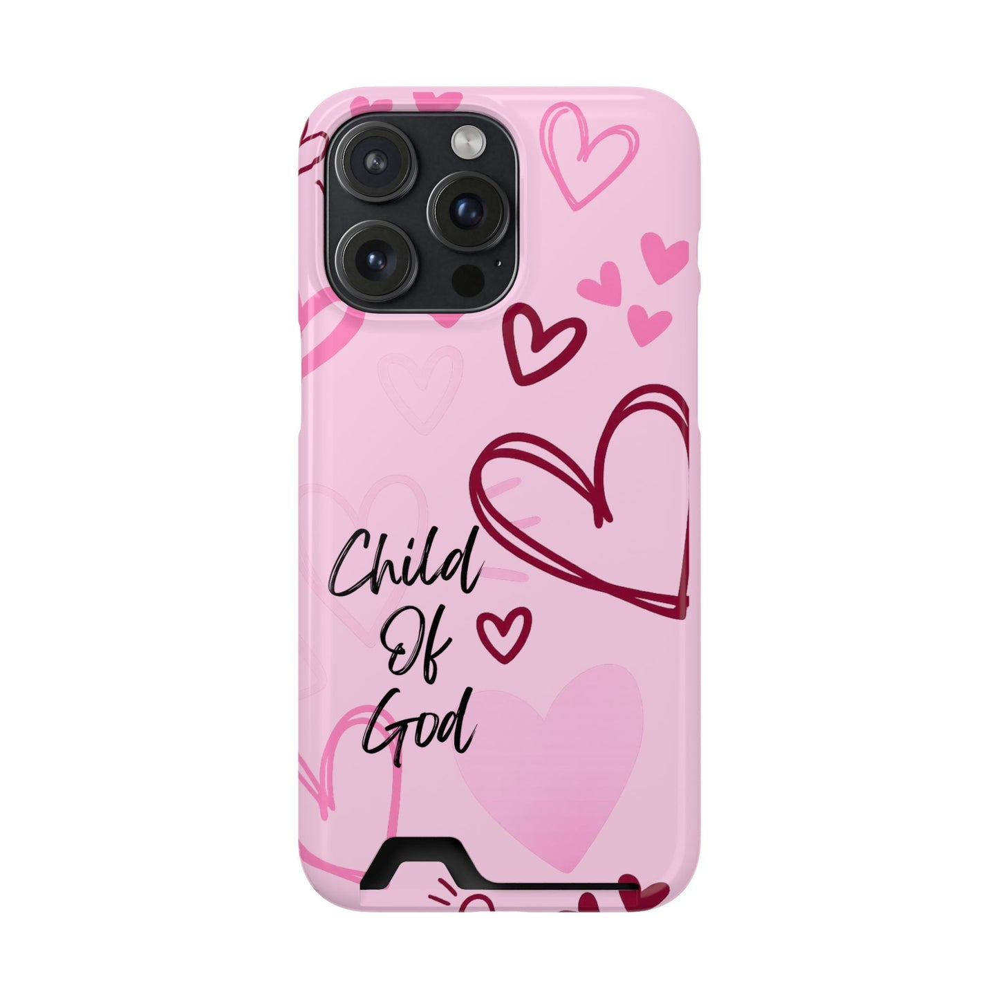 Pink "Child of God" Phone Card Case — Heart Pattern Religious Phone Case with Card Holder