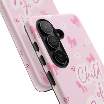 Child of God Pink Phone Case — Cute Christian iPhone Cover with Bows & Hearts