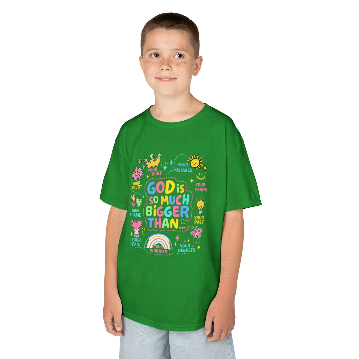 UNISEX Kids Tee — "God Is So Much Bigger Than" Colorful Faith Graphic