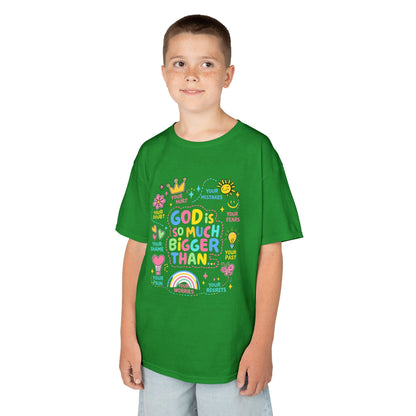 UNISEX Kids Tee — "God Is So Much Bigger Than" Colorful Faith Graphic