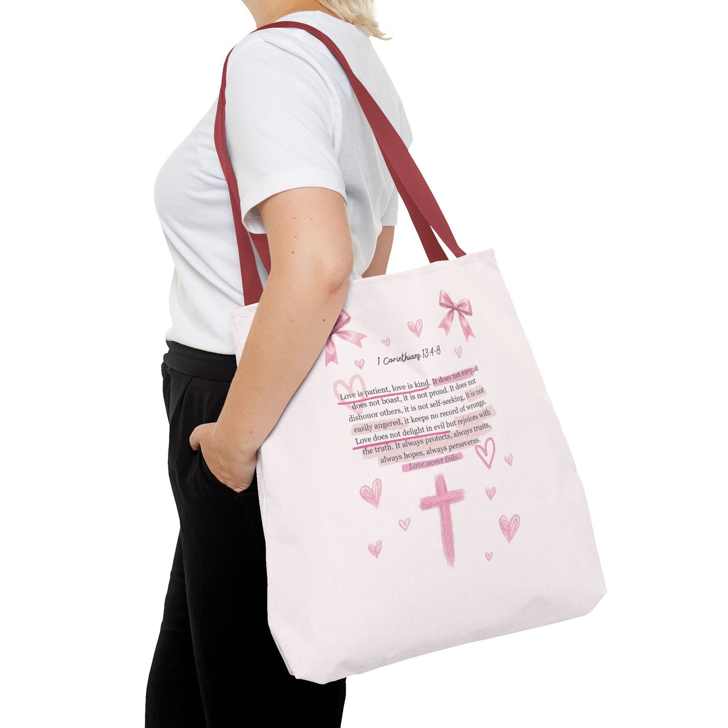 Pink Faith Tote Bag — Inspirational Cross & Rainbow AOP Tote
