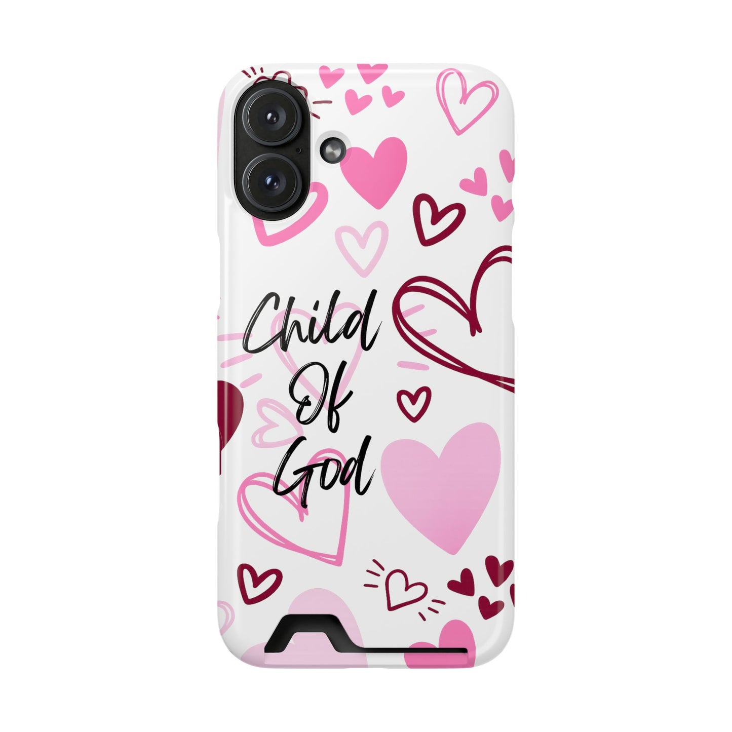 Phone Case — "Child of God" Card Holder Case, Pink Hearts Christian Phone Cover
